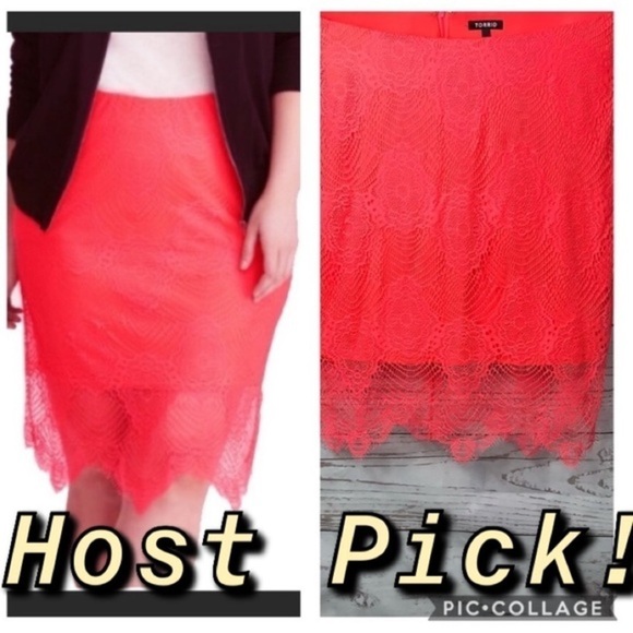 🎉 HP🥳 Torrid Neon Pink Lace Scalloped Midi Skirt - Picture 1 of 6